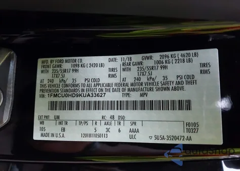 2019 Ford Escape Sel from USA, damaged, VIN 1FMCU0HD9KUA33627